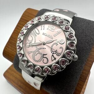 Bongo Pink Dial Heart Crystal Bezel Silver Cuff Bangle Watch BG3745